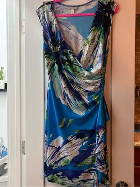 dressbarn Blue Floral-Print Midi Wrap Dress